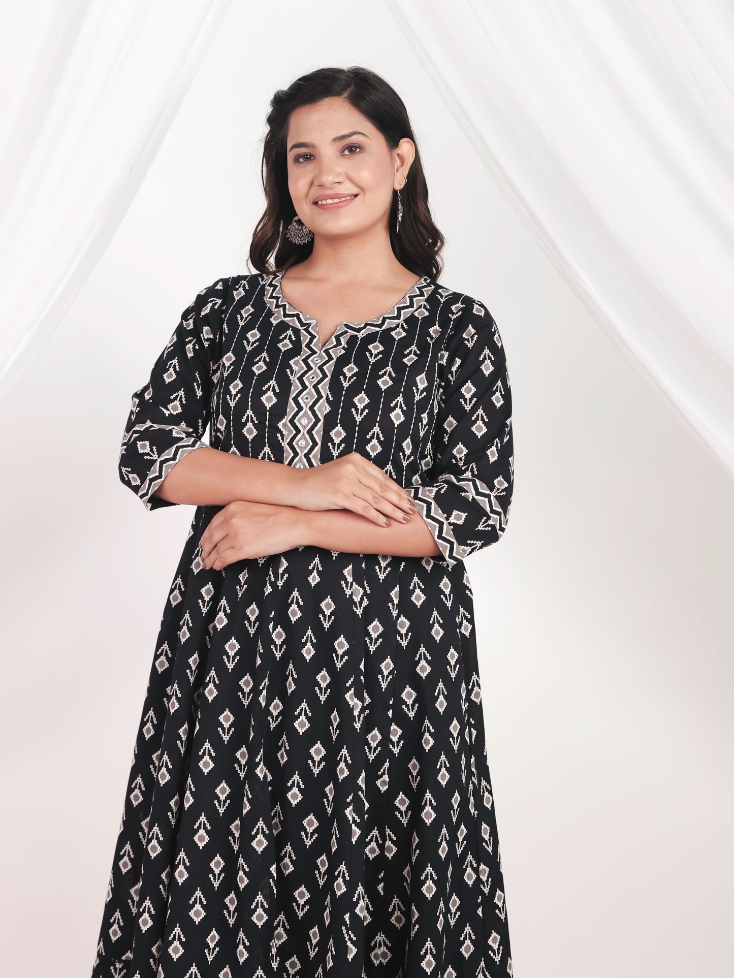 Embroidered Soft Cotton Ikat Anarkali Black Kurta