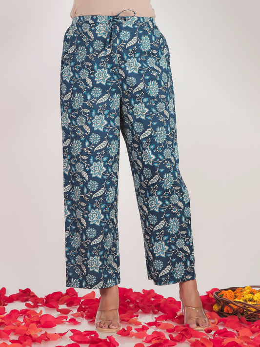 Soft Cotton Floral Blue Straight Trousers