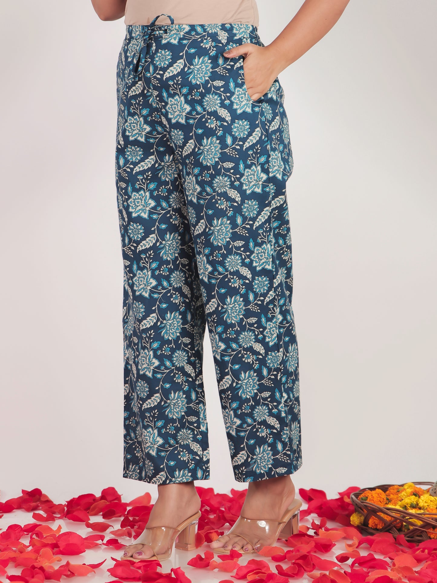 Soft Cotton Floral Blue Straight Trousers