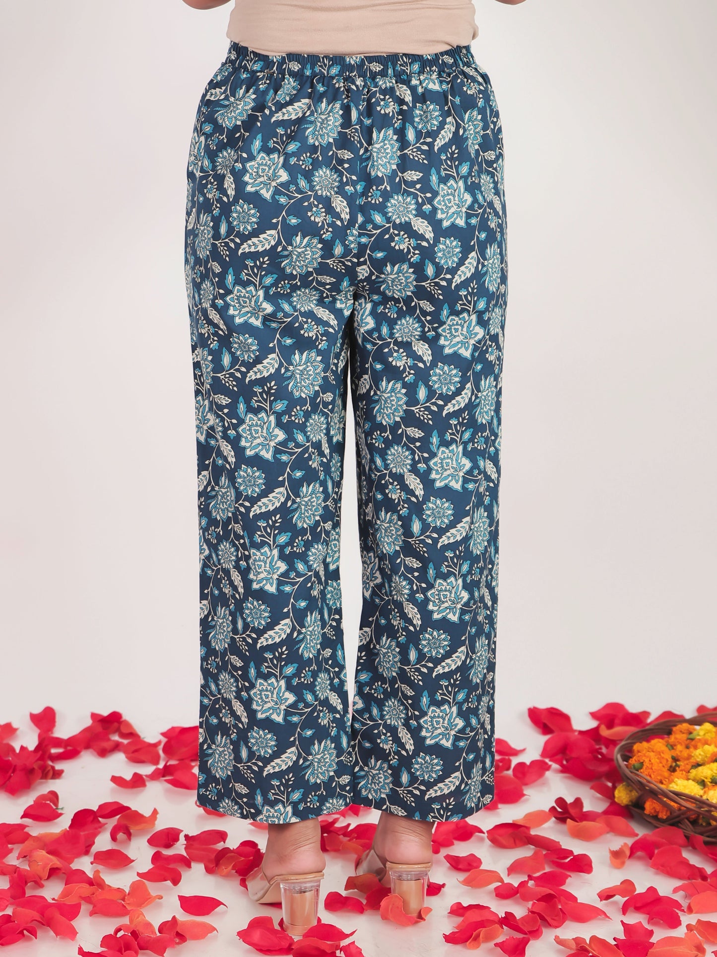 Soft Cotton Floral Blue Straight Trousers
