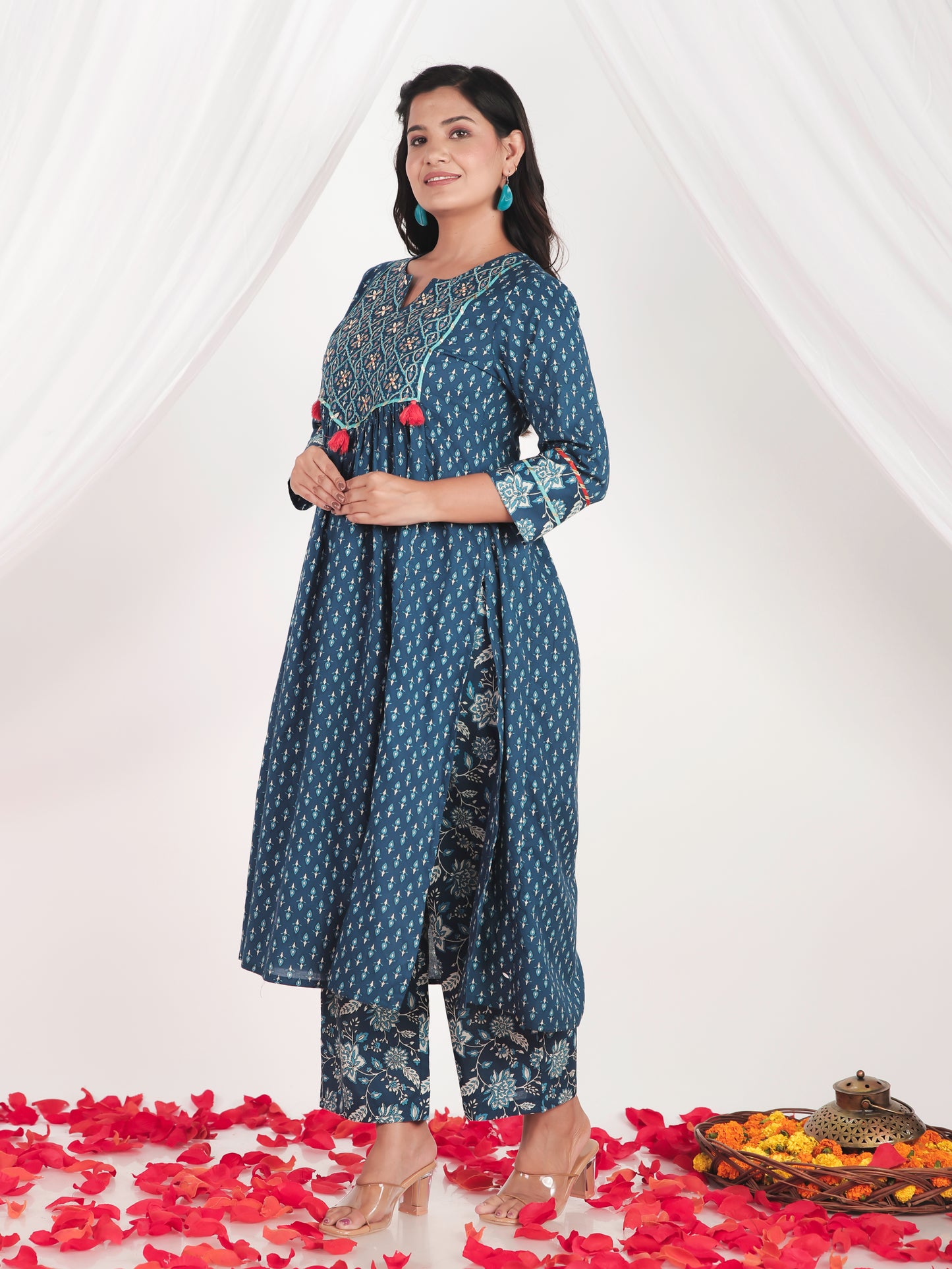 Embroidered Soft Cotton Butti A-line Blue Kurta