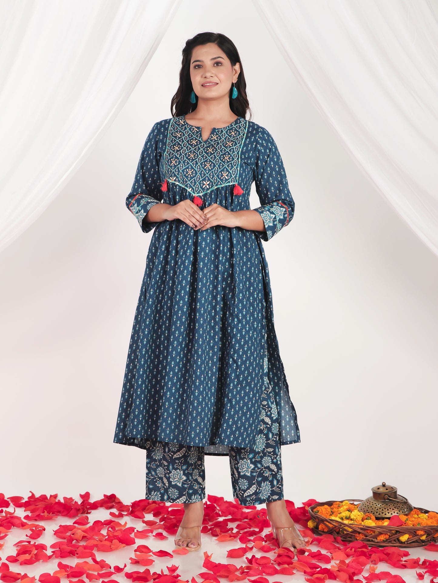 Embroidered Soft Cotton Butti A-line Blue Kurta