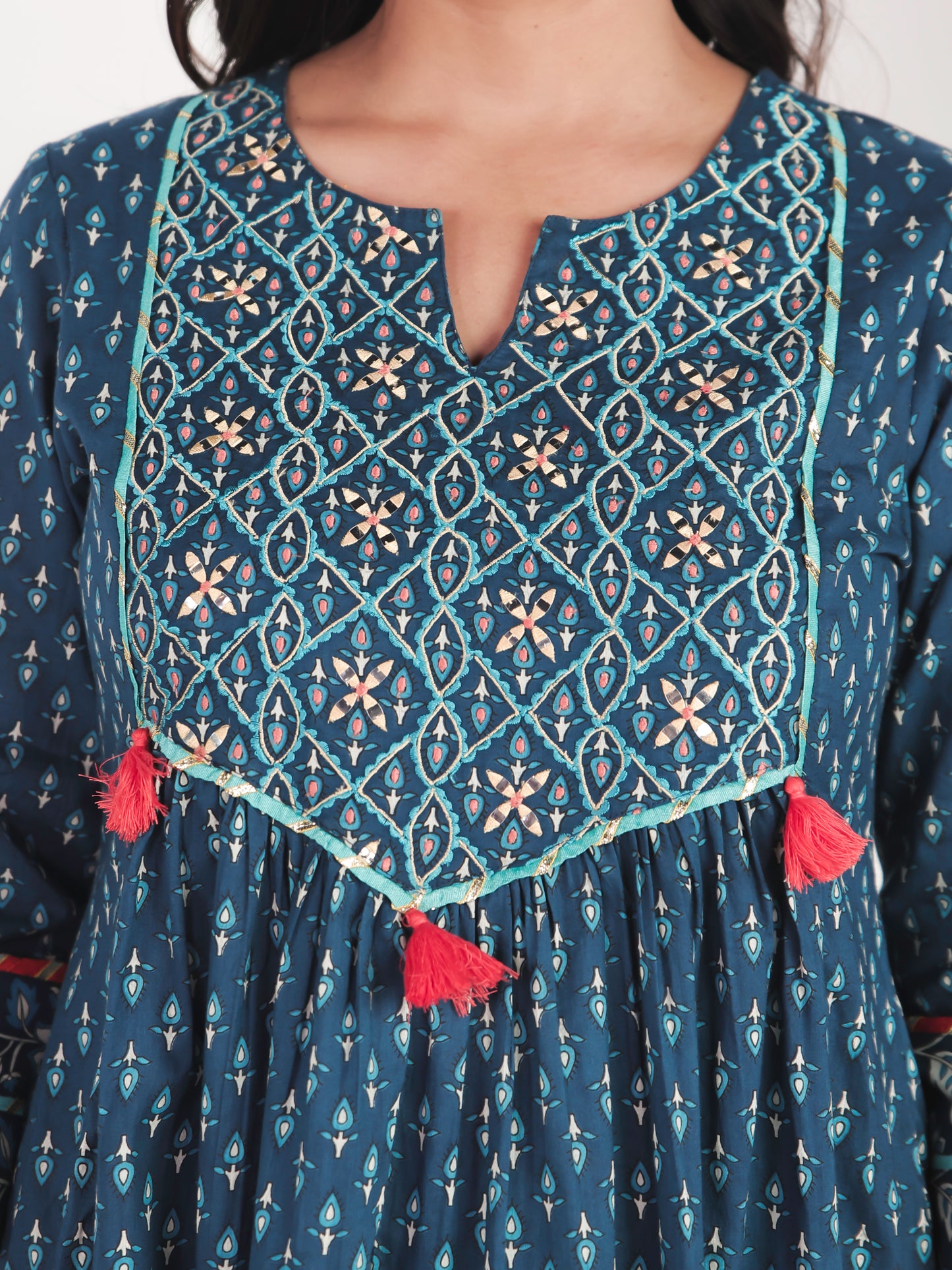 Embroidered Soft Cotton Butti A-line Blue Kurta