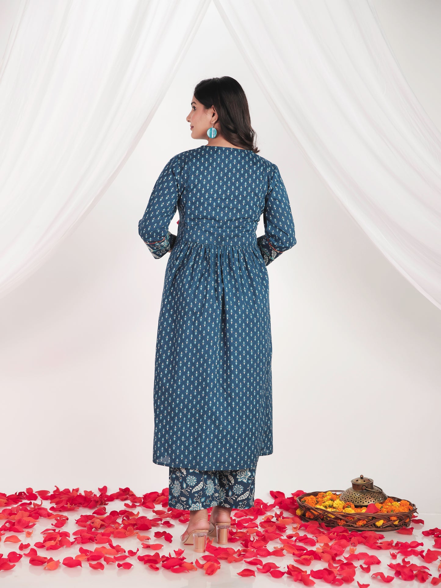 Embroidered Soft Cotton Butti A-line Blue Kurta