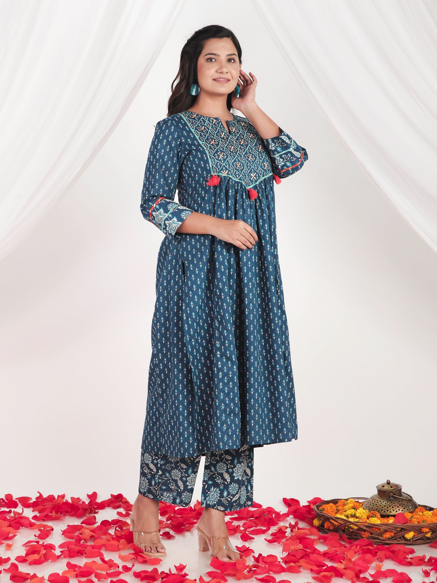 Embroidered Soft Cotton Butti A-line Blue Kurta