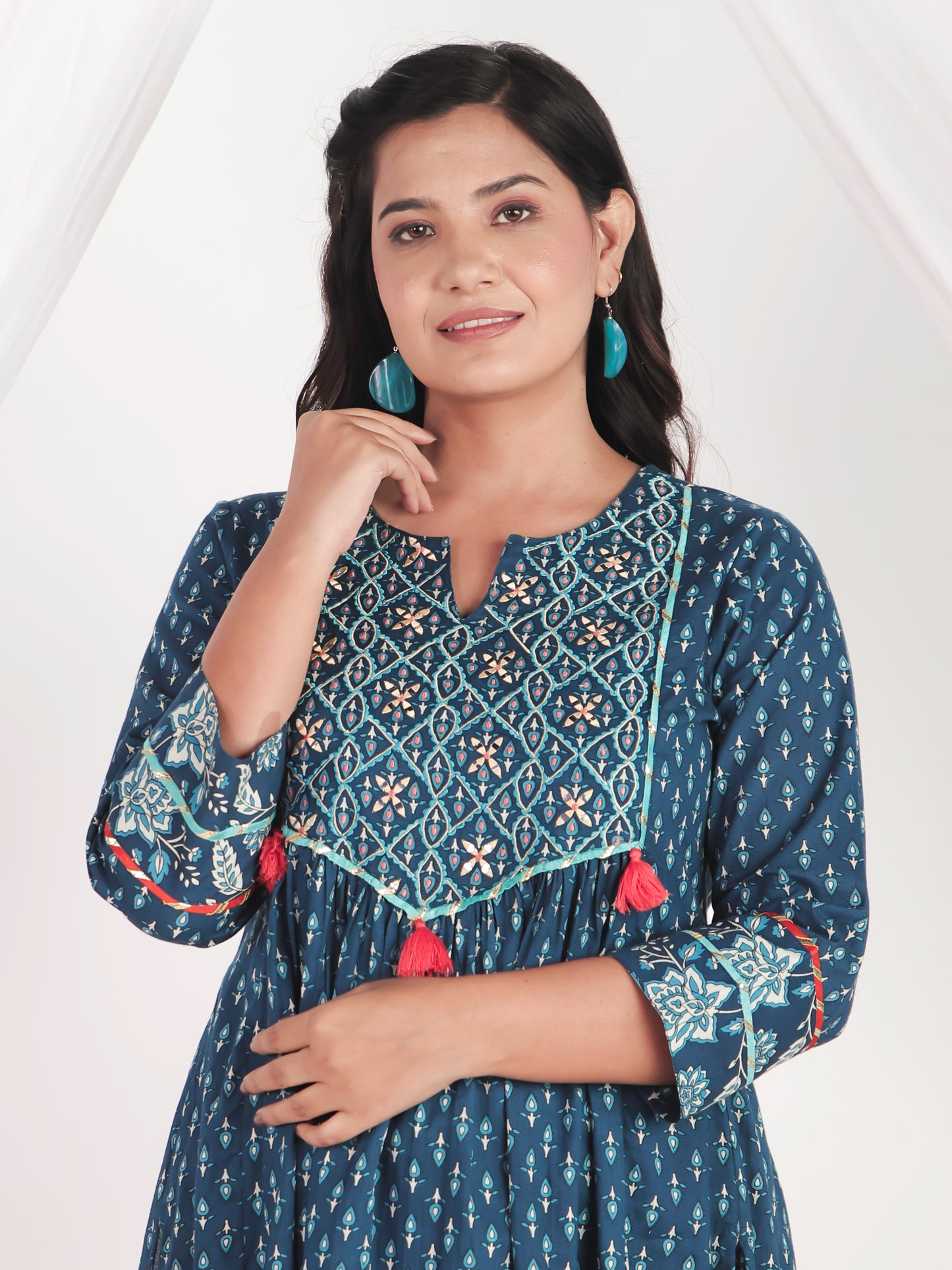 Embroidered Soft Cotton Butti A-line Blue Kurta