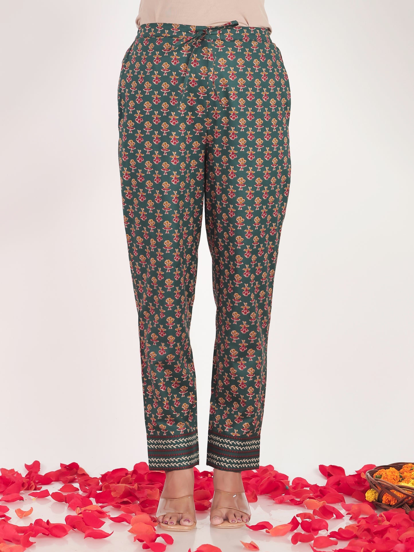 Soft Cotton Floral Green Tapered Trousers