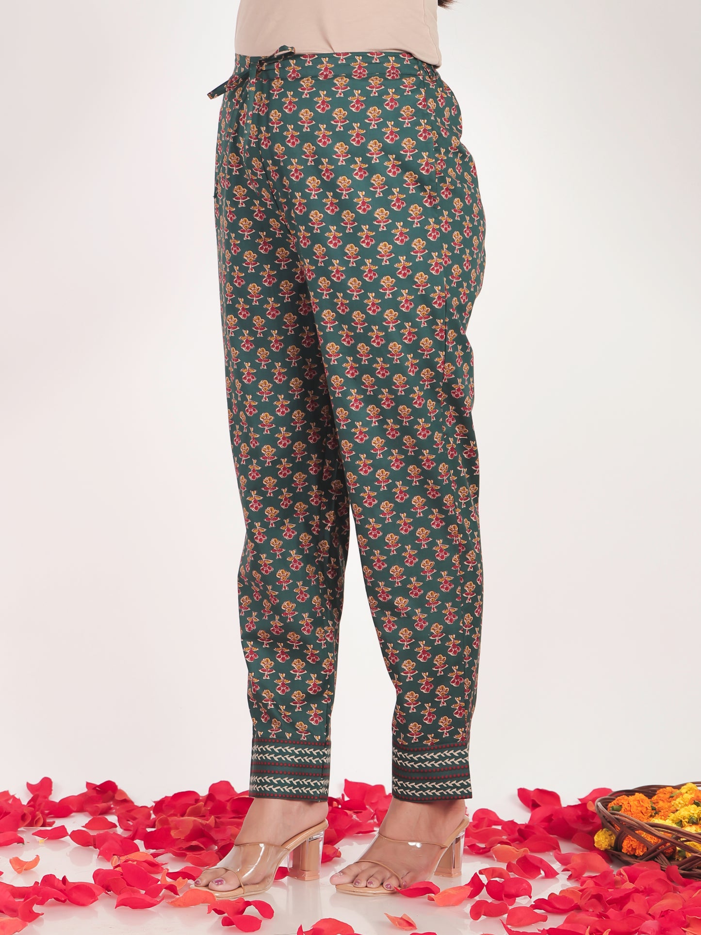 Soft Cotton Floral Green Tapered Trousers