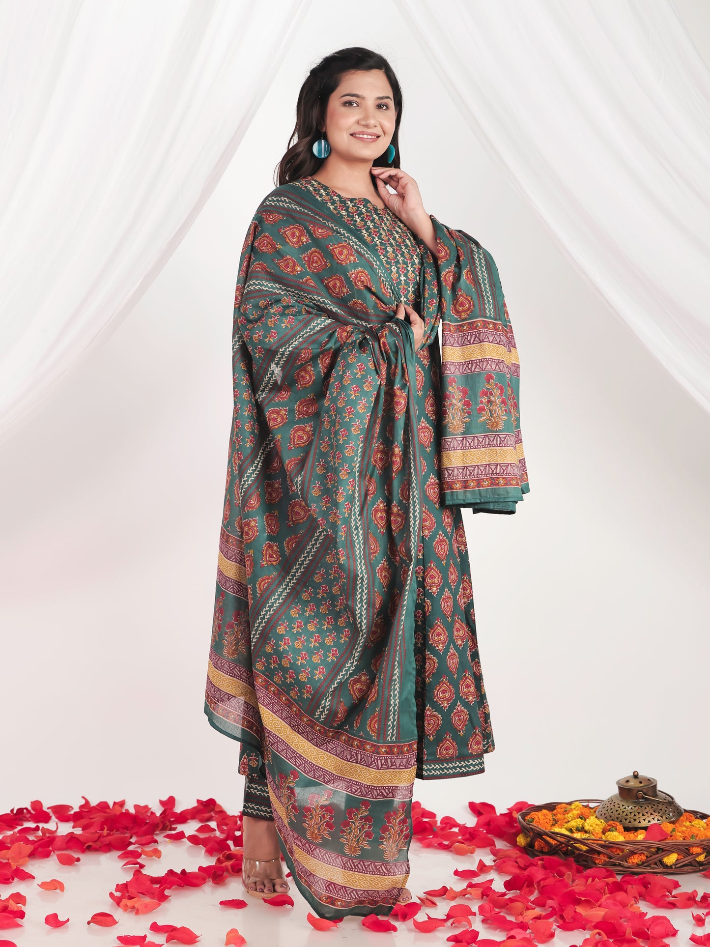 Cotton Voile Floral Green Dupatta