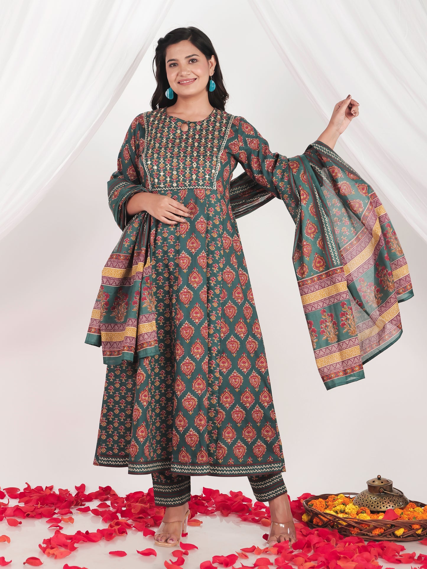 Cotton Voile Floral Green Dupatta