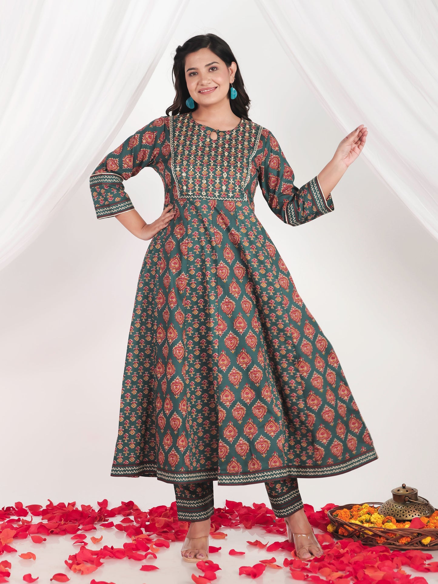 Embroidered Soft Cotton Floral Anarkali Green Kurta