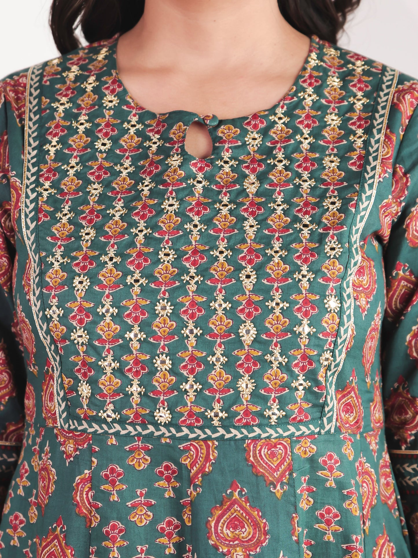 Embroidered Soft Cotton Floral Anarkali Green Kurta