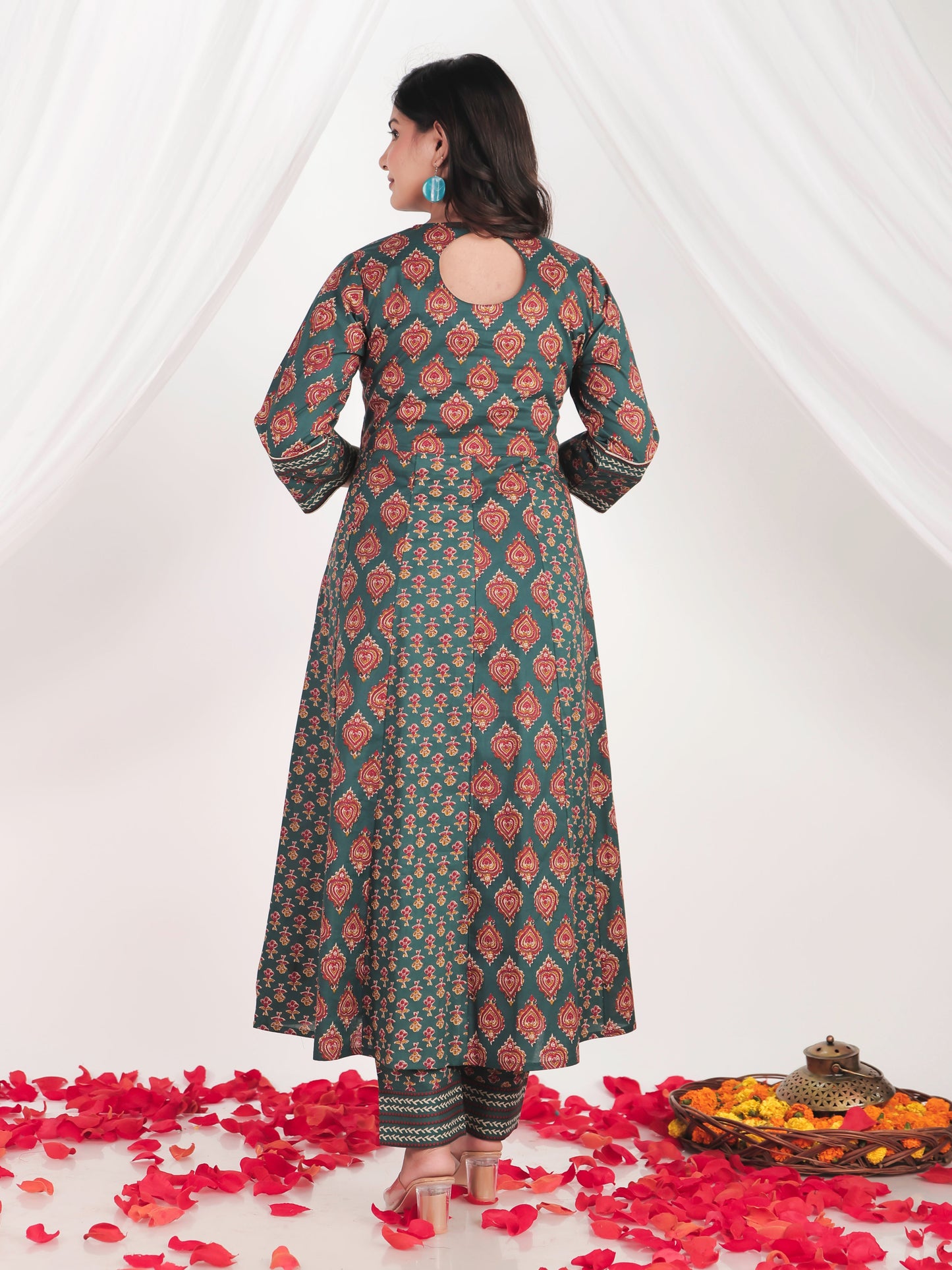 Embroidered Soft Cotton Floral Anarkali Green Kurta