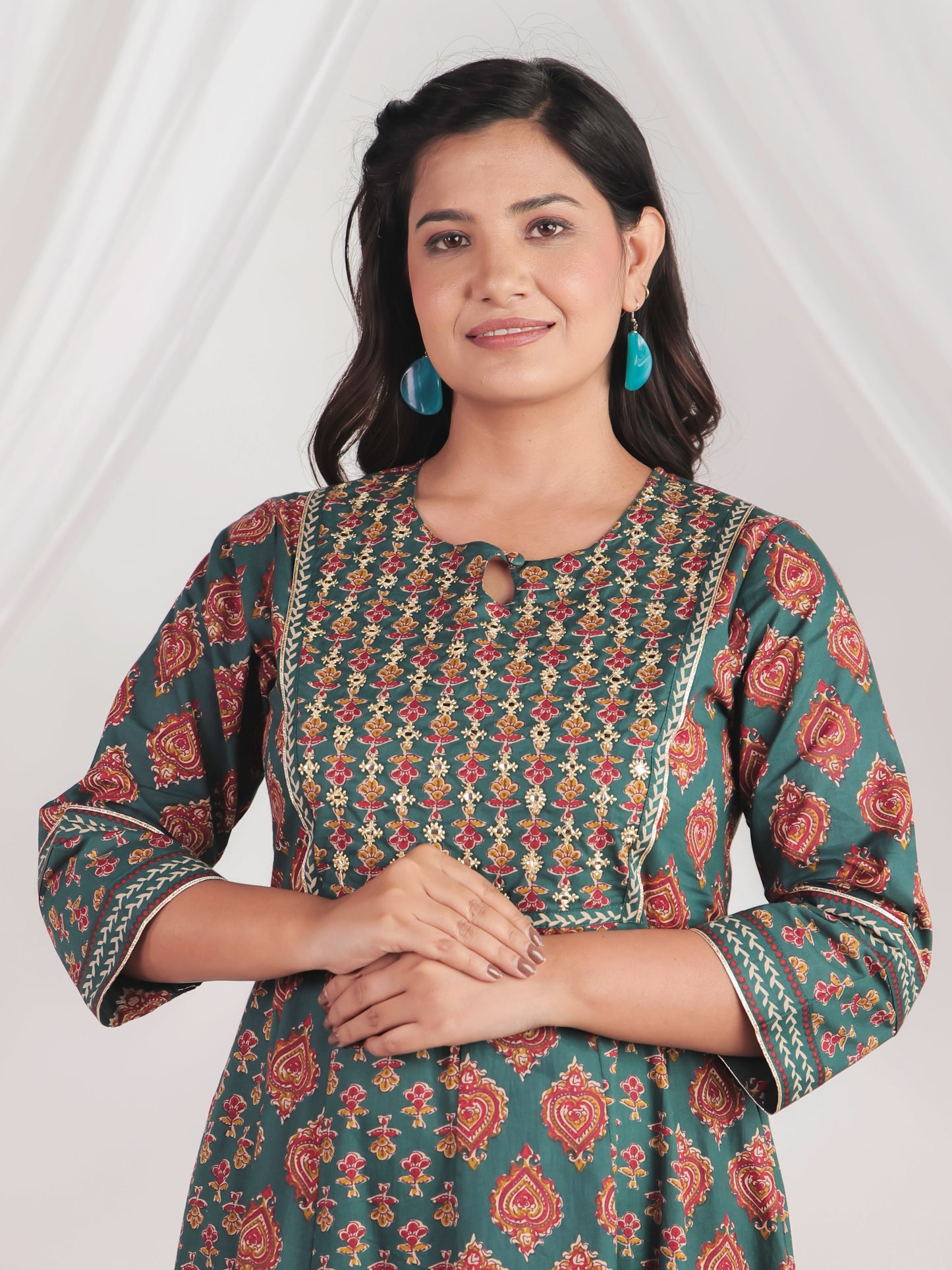 Embroidered Soft Cotton Floral Anarkali Green Kurta
