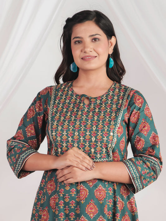 Soft Cotton Floral Anarkali Green Kurta