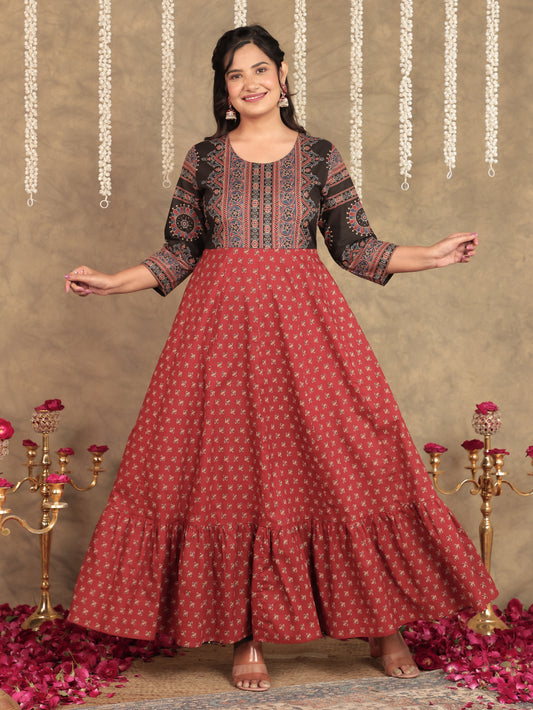 Soft Cotton Floral Anarkali Red Kurta