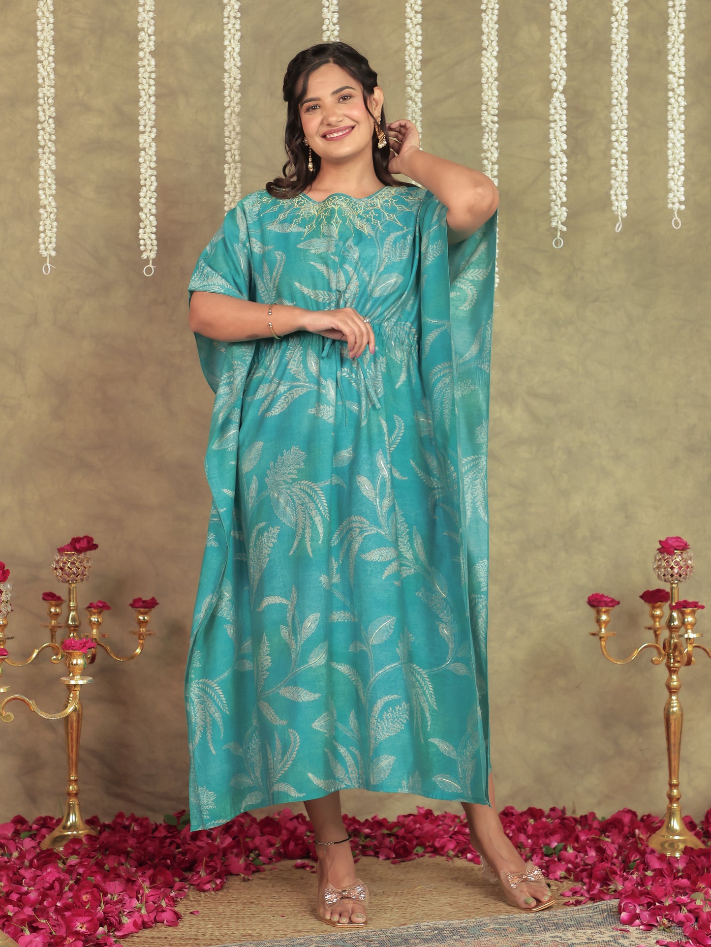 Embroidered Muslin Floral Kaftan Blue Kurta