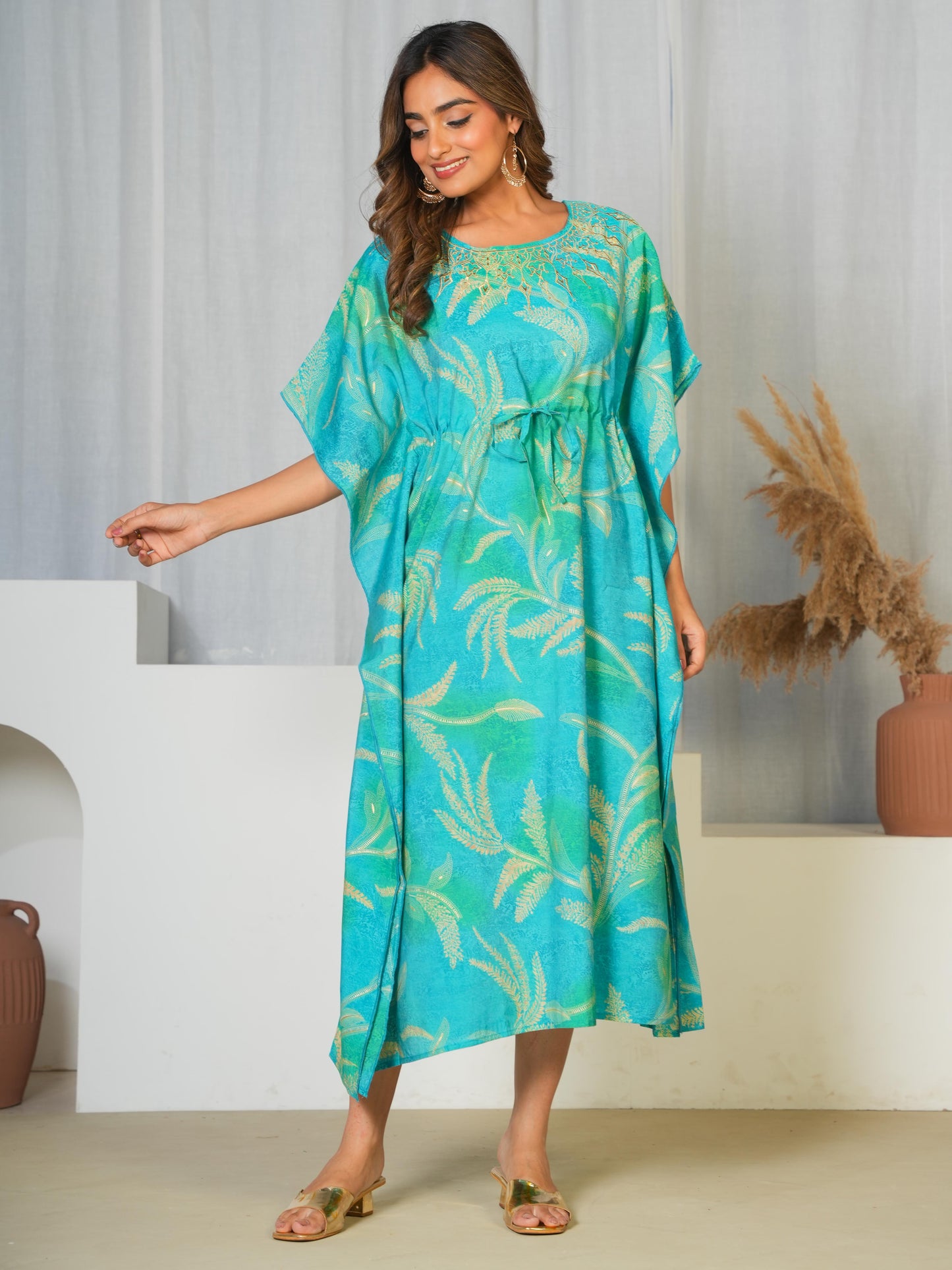 Embroidered Muslin Floral Kaftan Blue Kurta