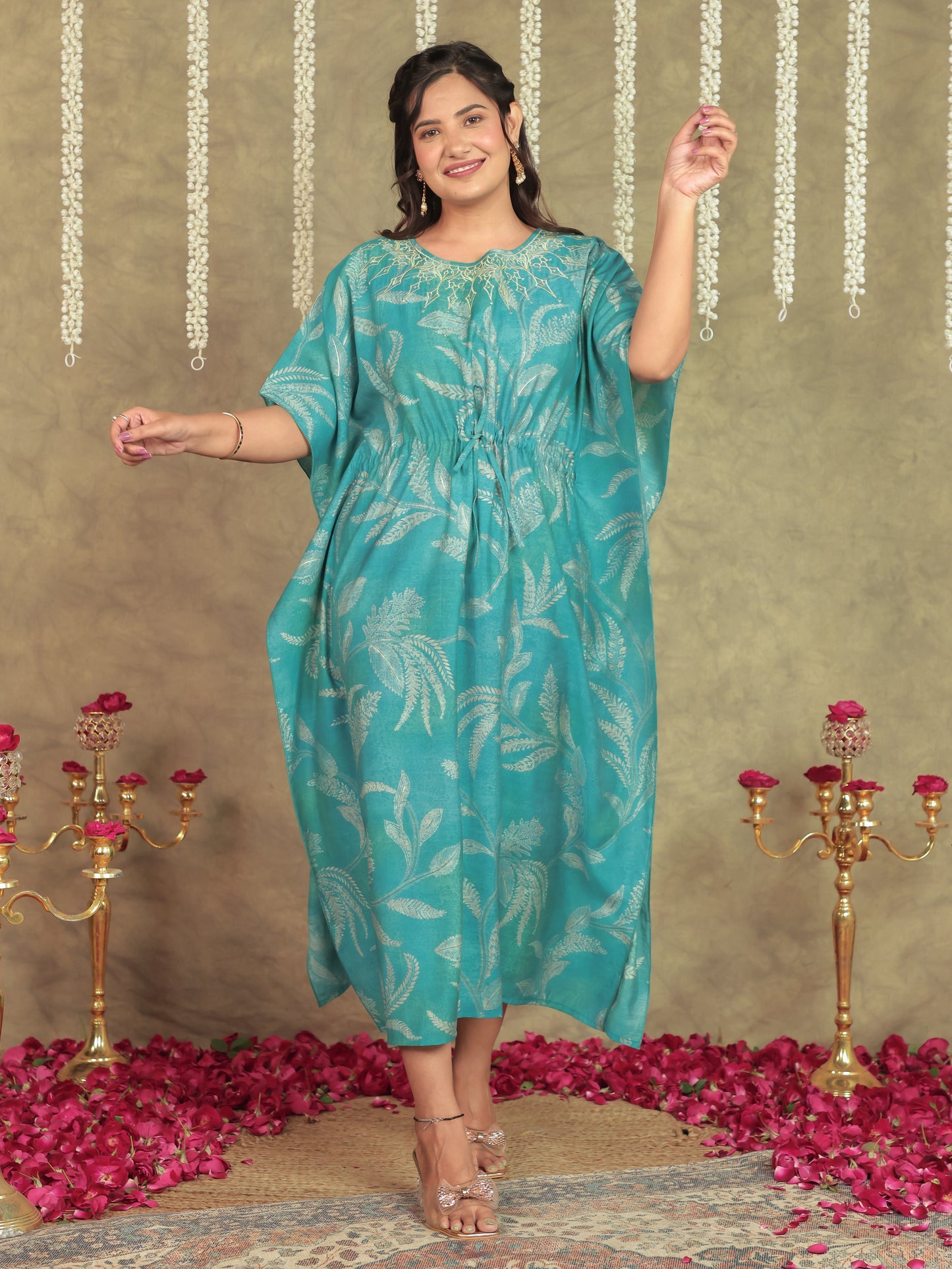 Embroidered Muslin Floral Kaftan Blue Kurta