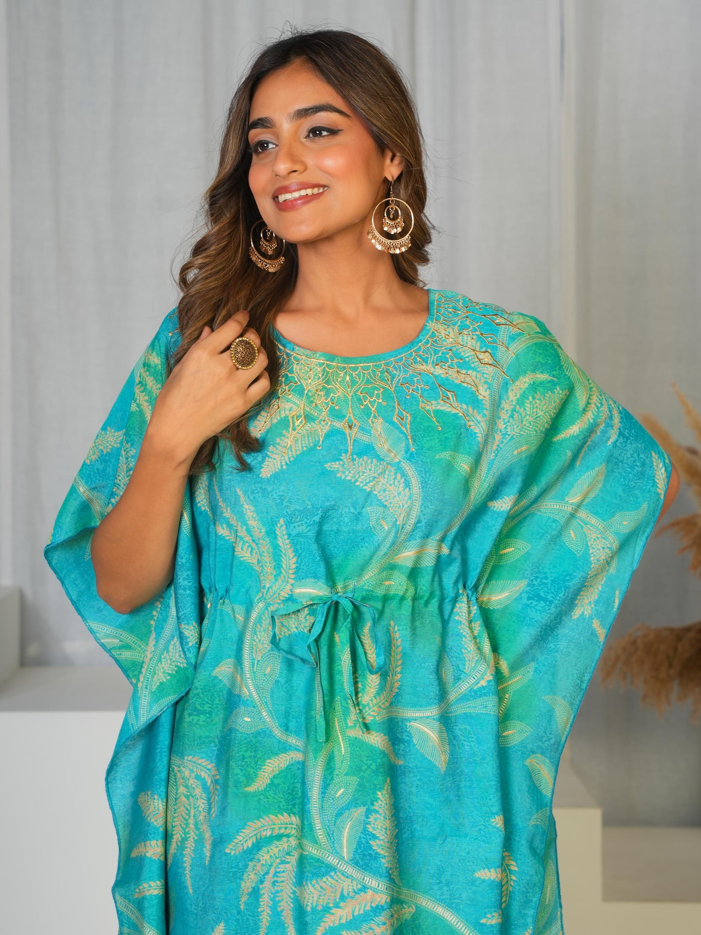Embroidered Muslin Floral Kaftan Blue Kurta