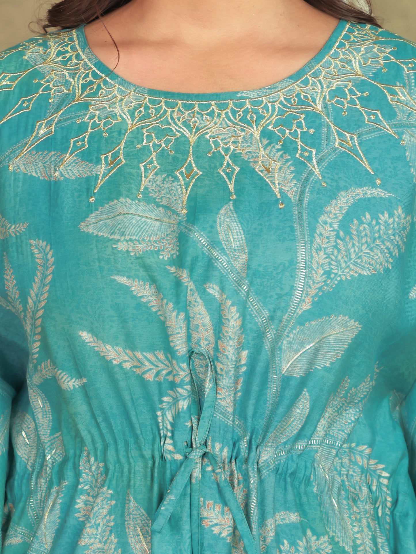 Embroidered Muslin Floral Kaftan Blue Kurta