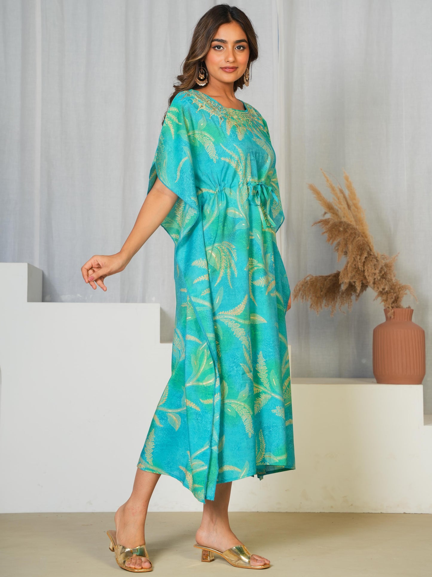 Embroidered Muslin Floral Kaftan Blue Kurta