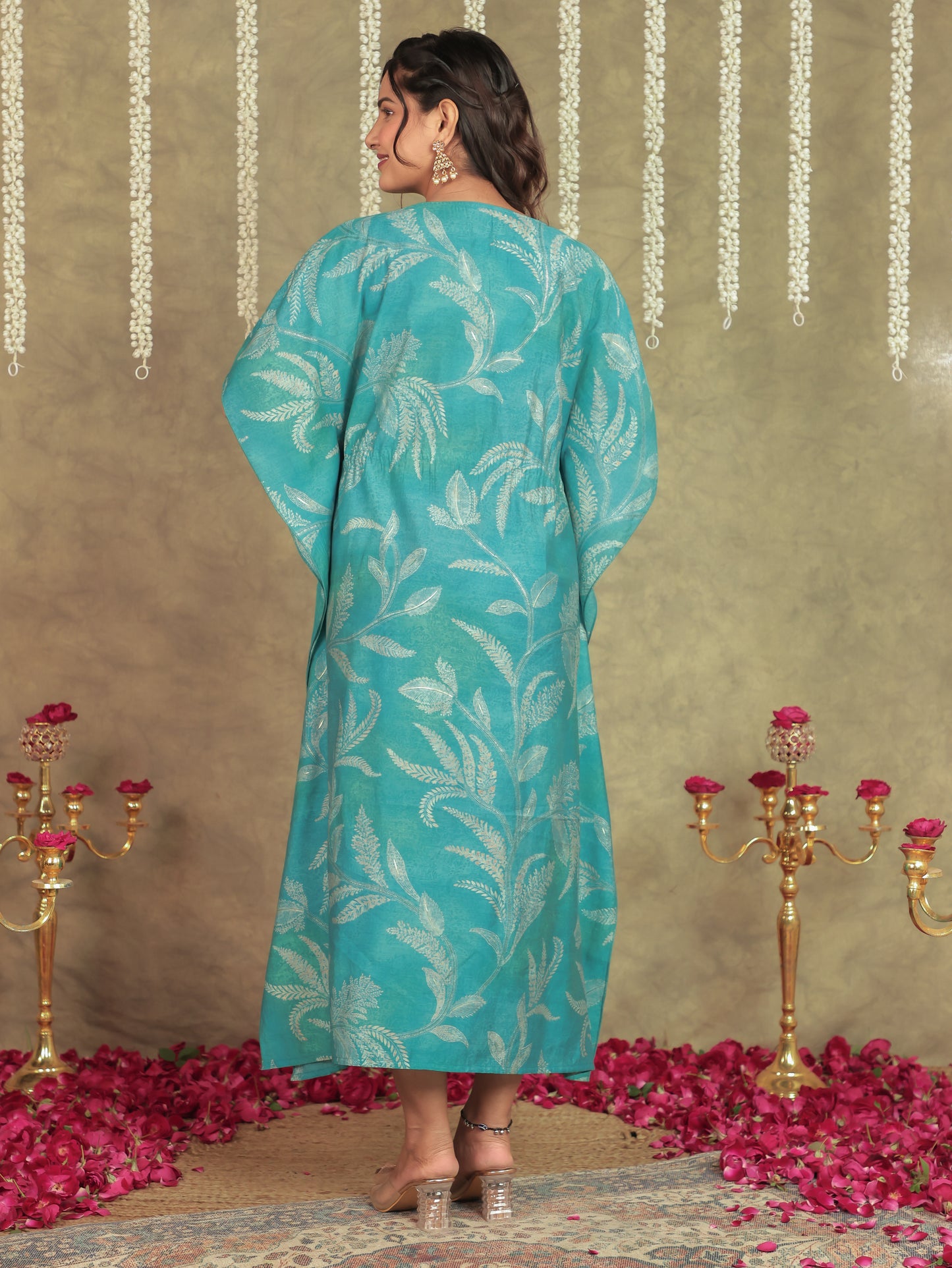 Embroidered Muslin Floral Kaftan Blue Kurta