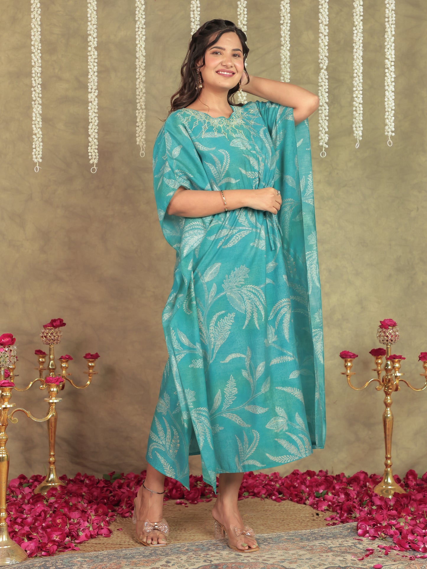 Embroidered Muslin Floral Kaftan Blue Kurta