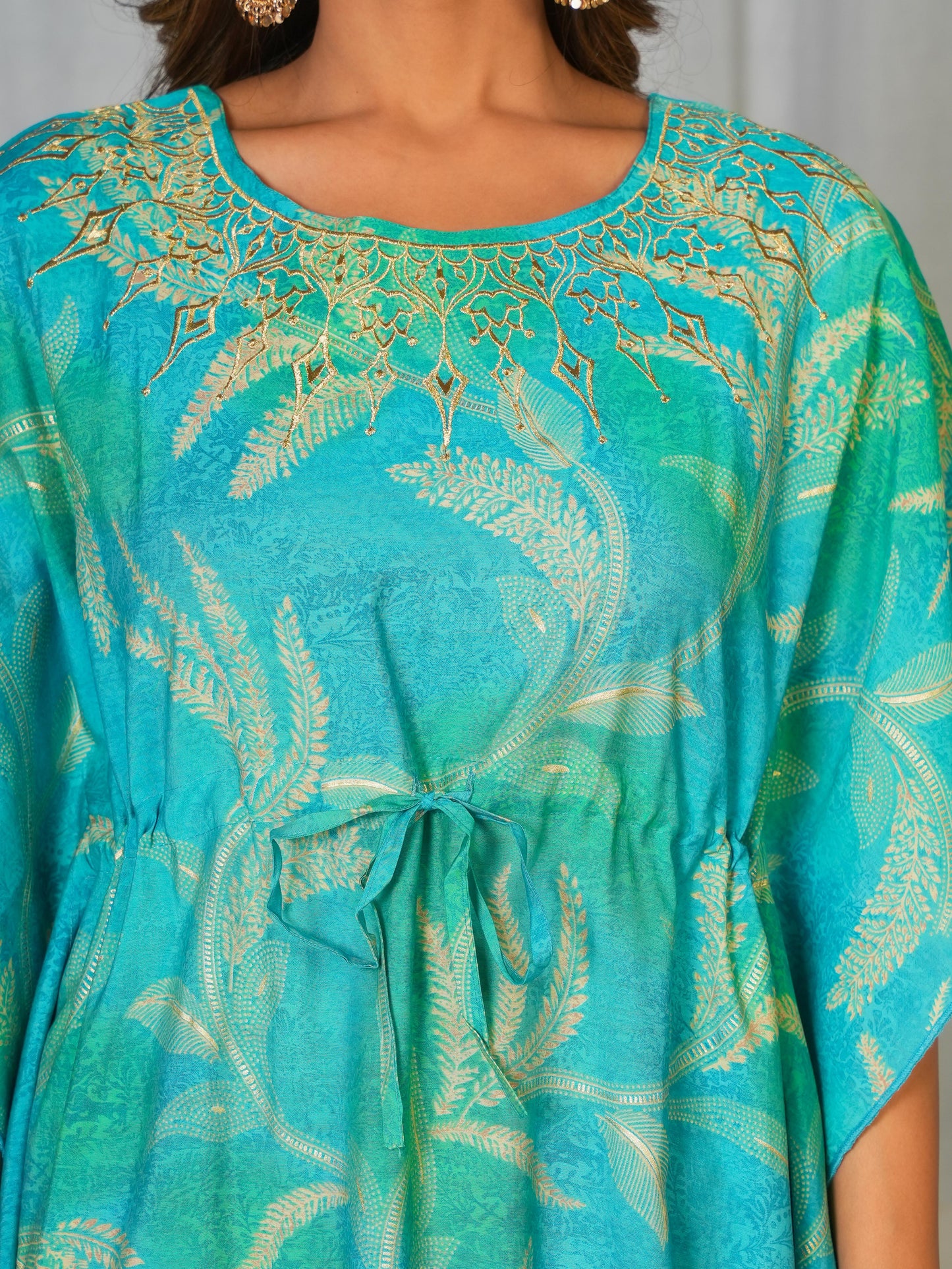 Embroidered Muslin Floral Kaftan Blue Kurta