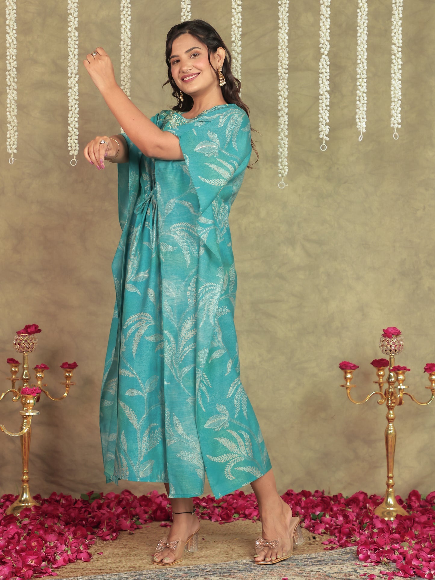 Embroidered Muslin Floral Kaftan Blue Kurta