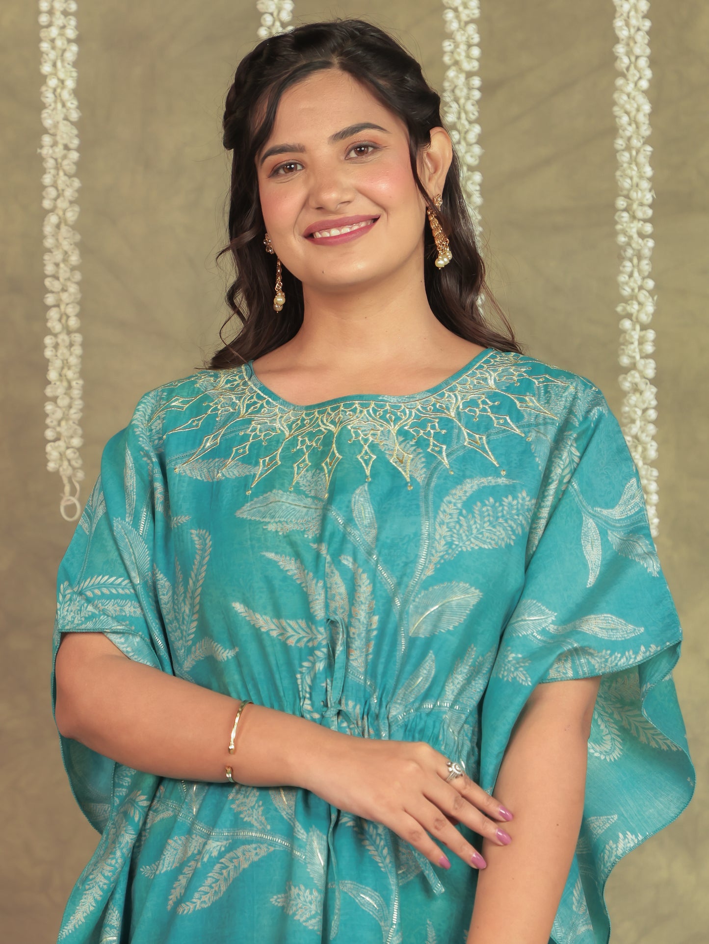 Embroidered Muslin Floral Kaftan Blue Kurta