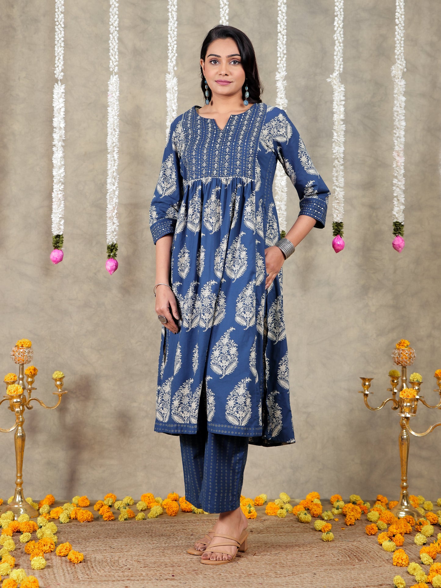 Embroidered Soft Cotton Block Print A-line Blue Kurta