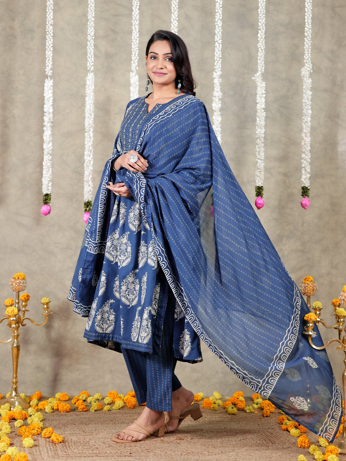 Embroidered Soft Cotton Block Print A-line Blue Kurta