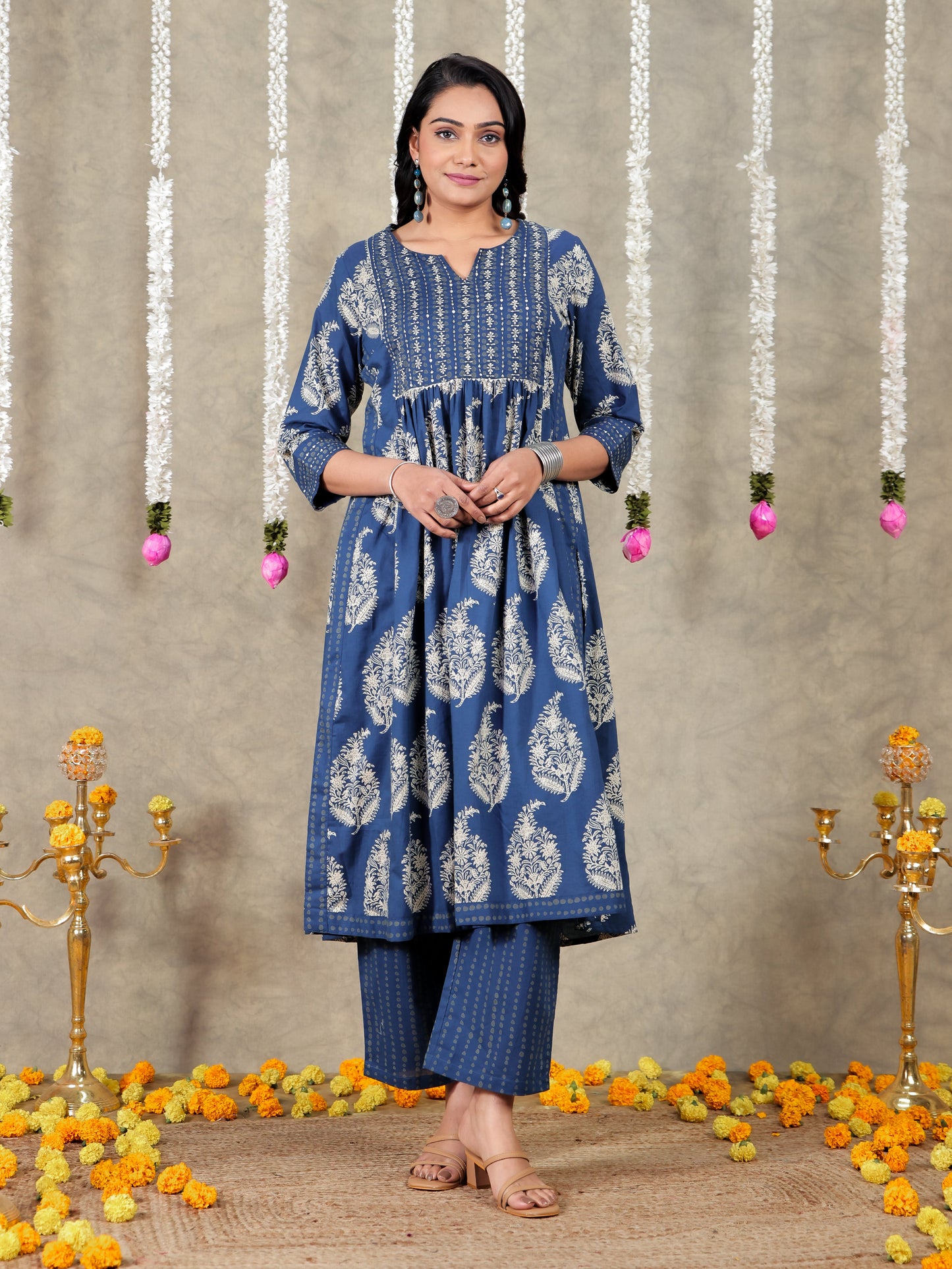 Embroidered Soft Cotton Block Print A-line Blue Kurta