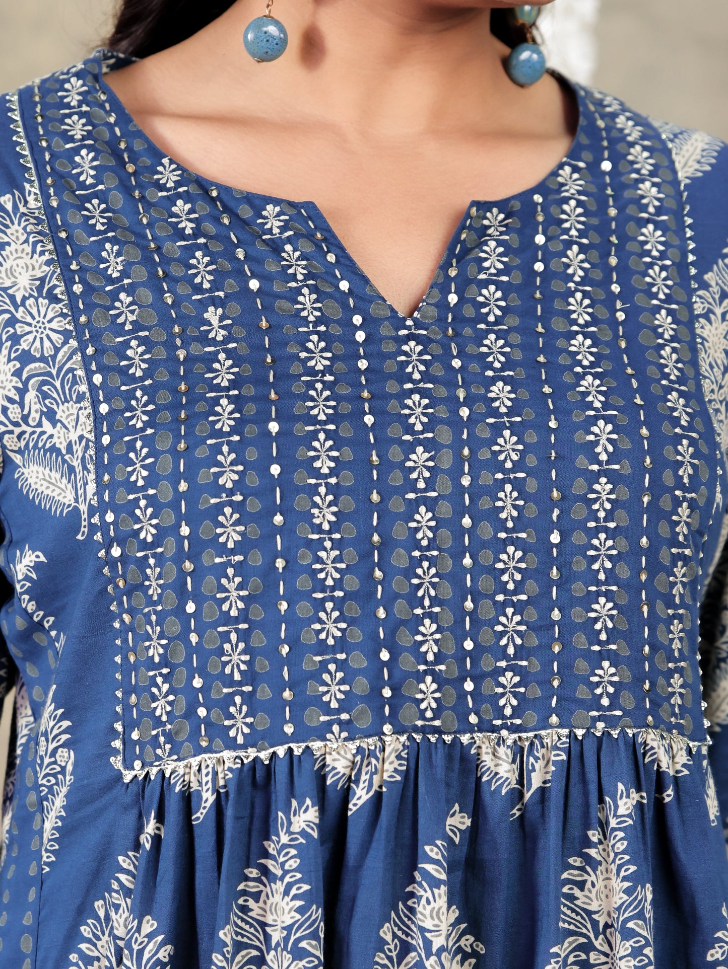Embroidered Soft Cotton Block Print A-line Blue Kurta