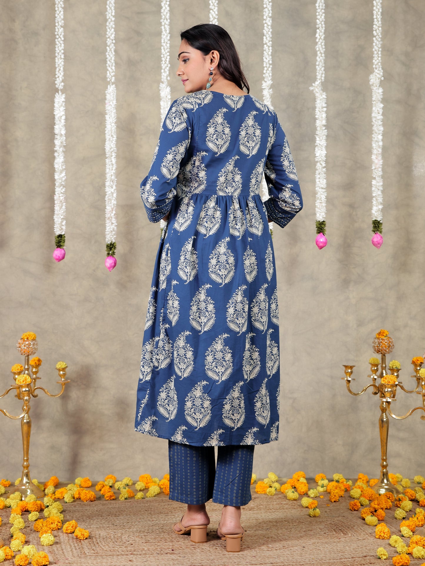 Embroidered Soft Cotton Block Print A-line Blue Kurta