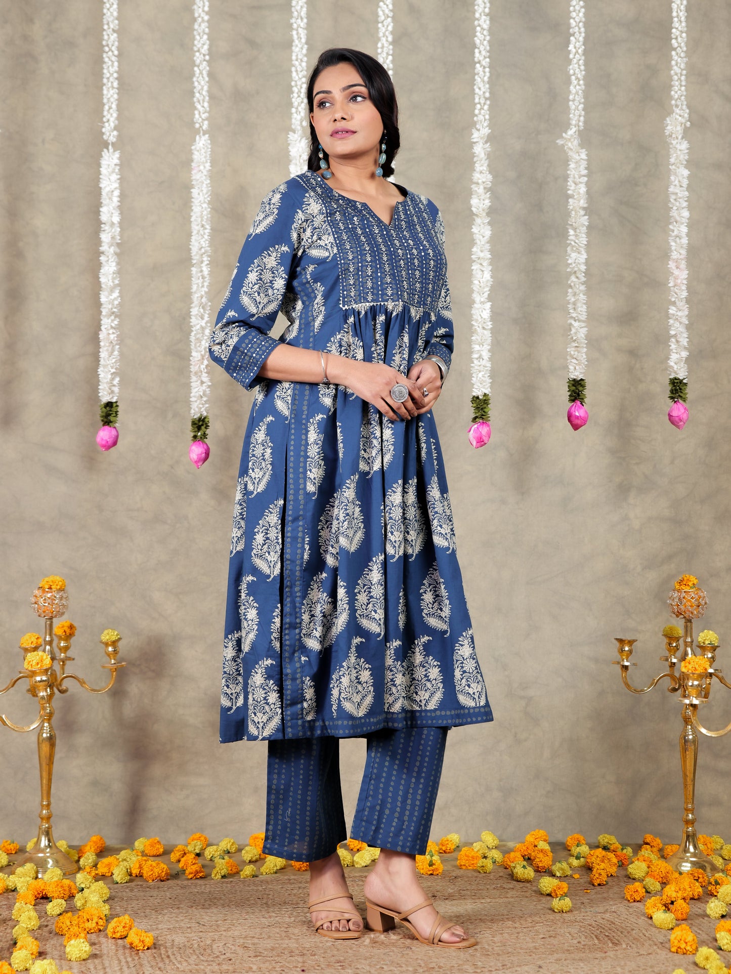 Embroidered Soft Cotton Block Print A-line Blue Kurta