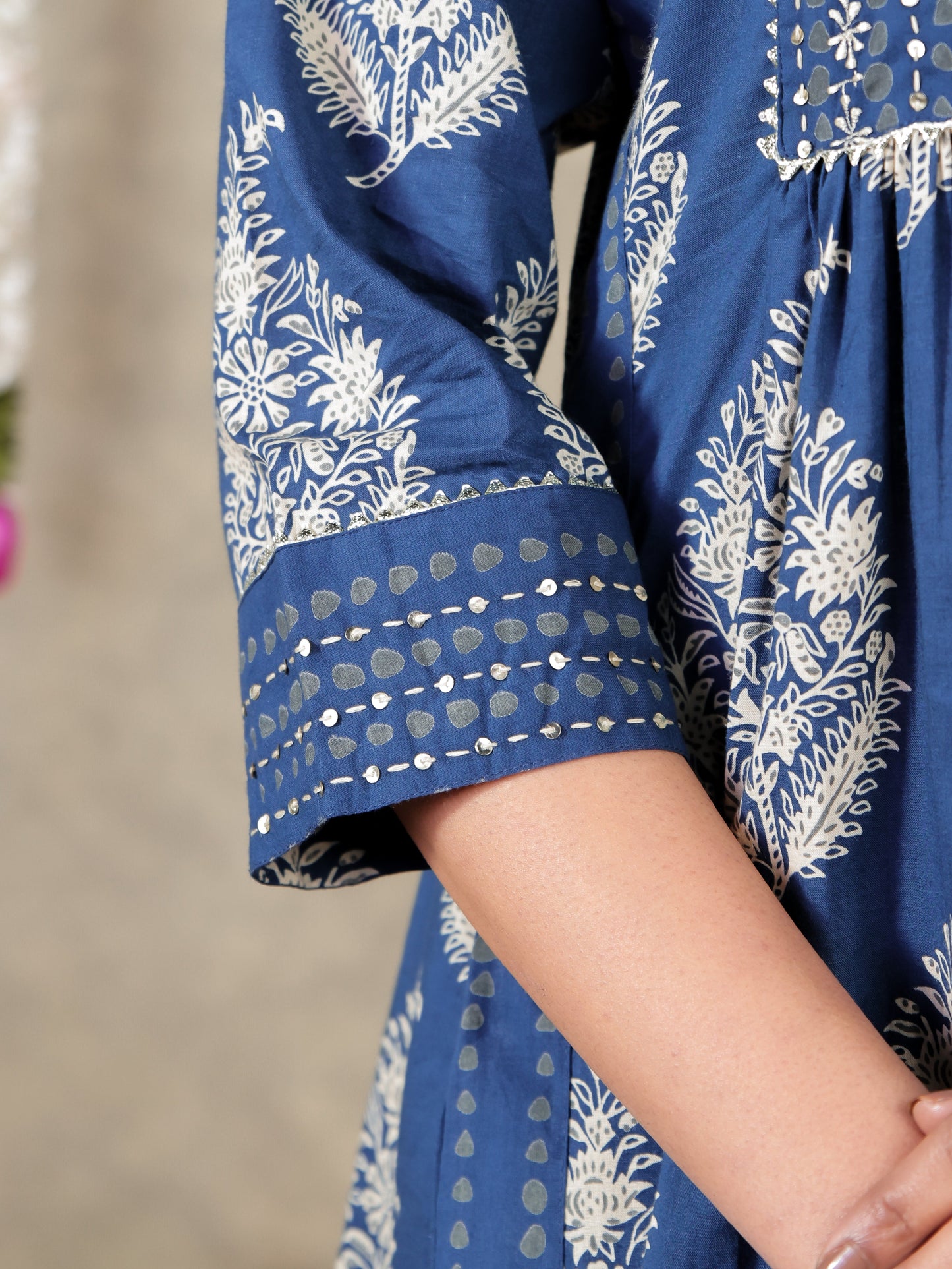Embroidered Soft Cotton Block Print A-line Blue Kurta