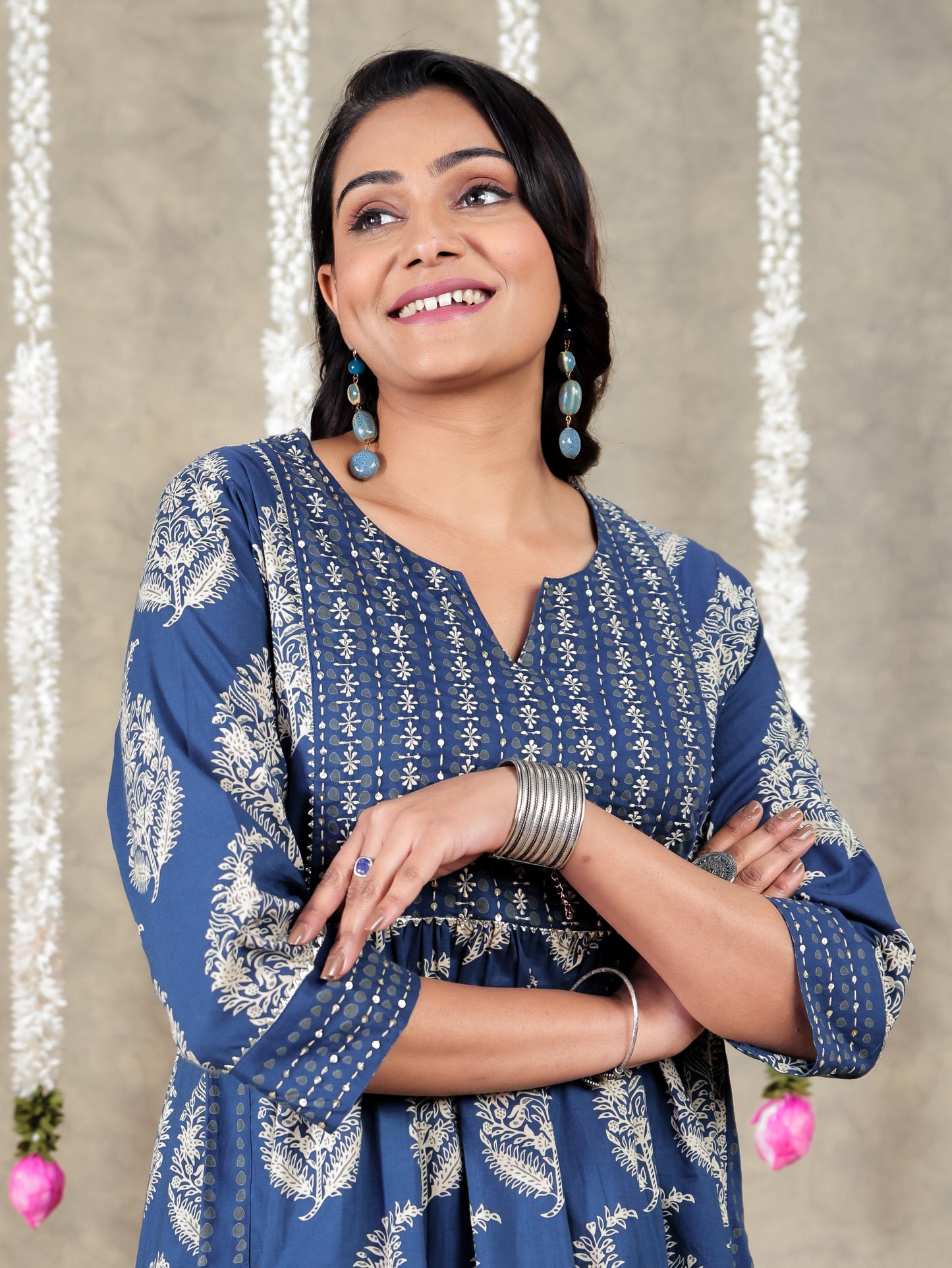 Embroidered Soft Cotton Block Print A-line Blue Kurta