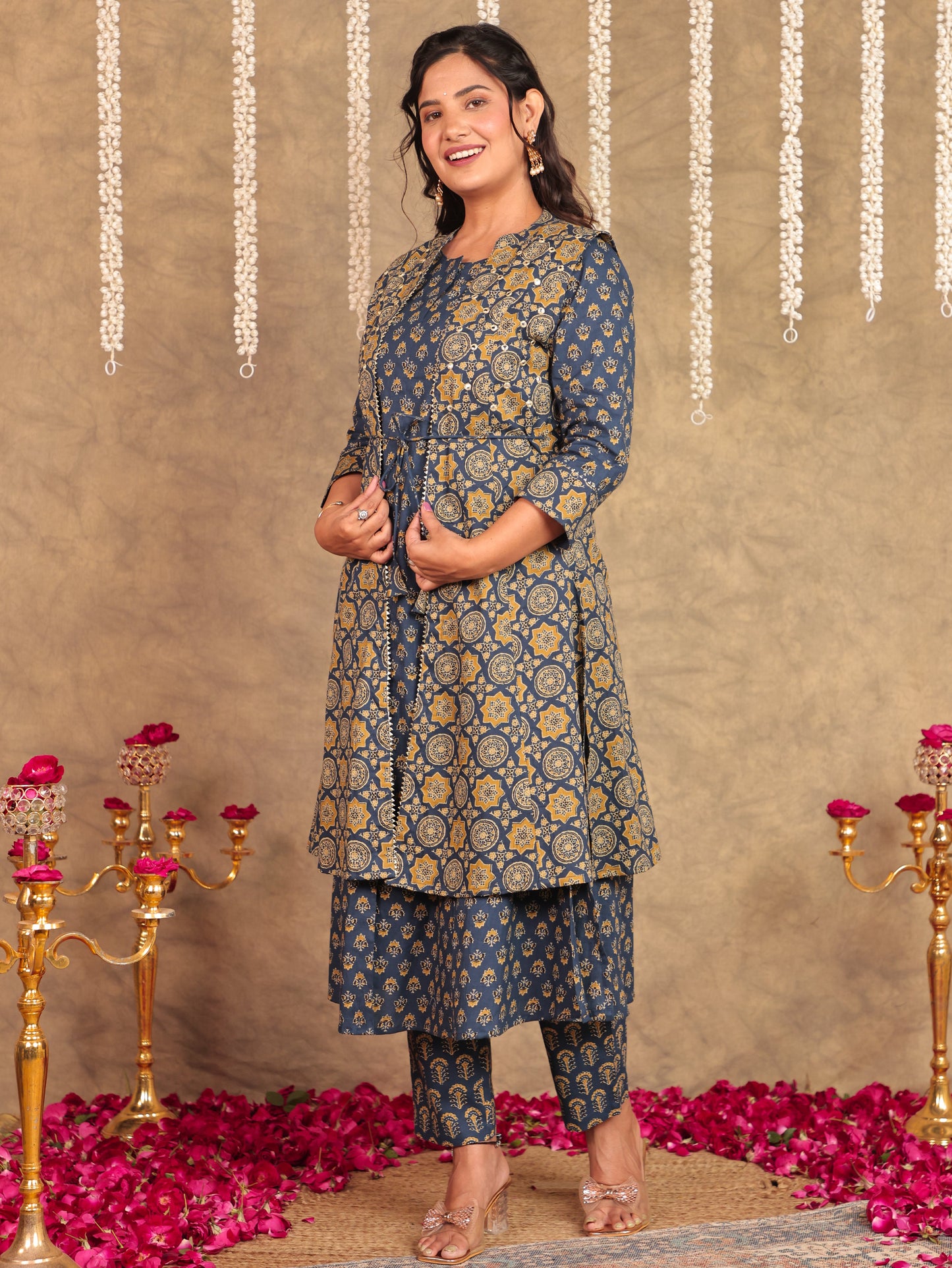 Soft Cotton Ajrakh A-line Blue Shrug
