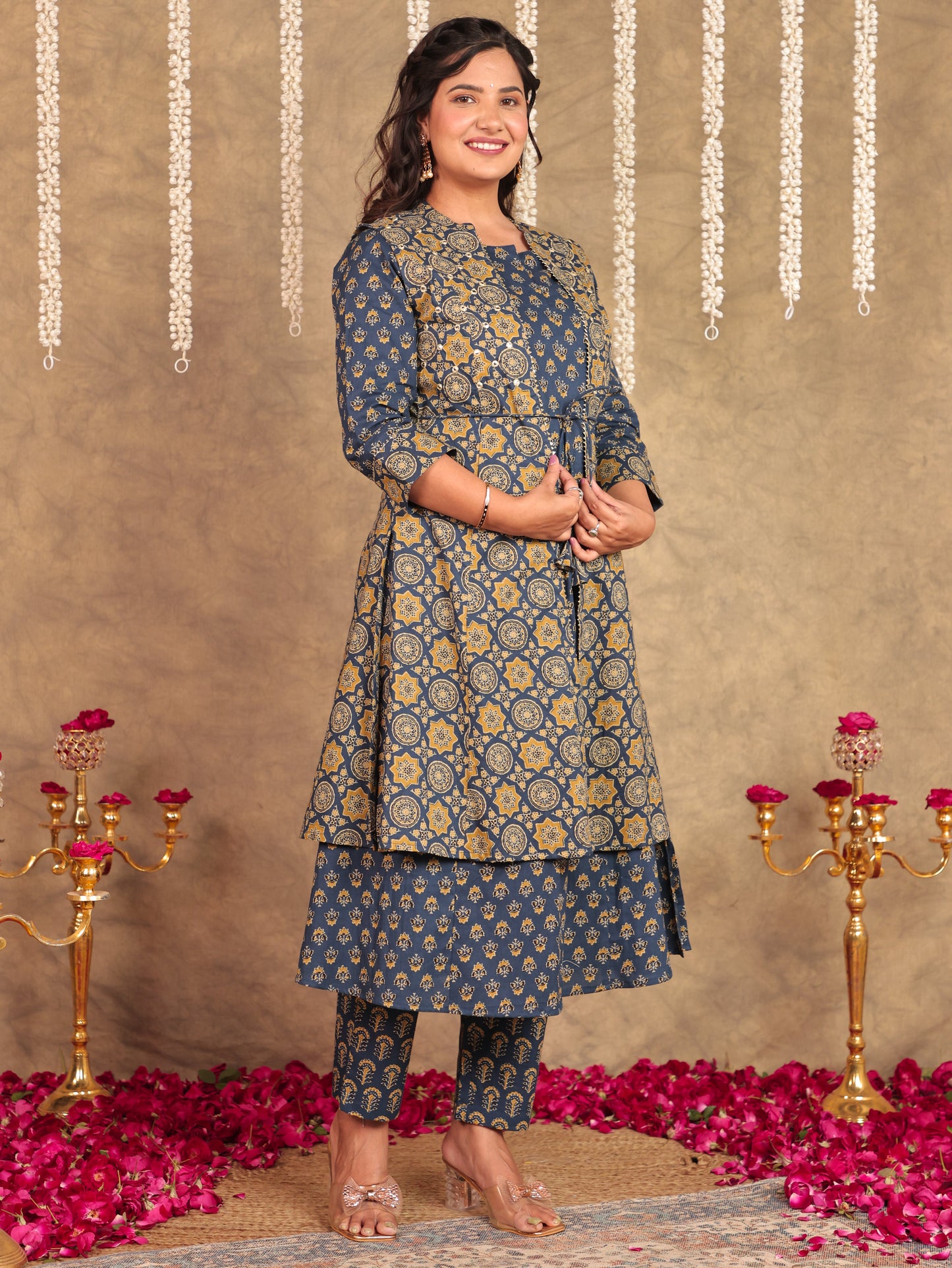 Soft Cotton Ajrakh A-line Blue Shrug