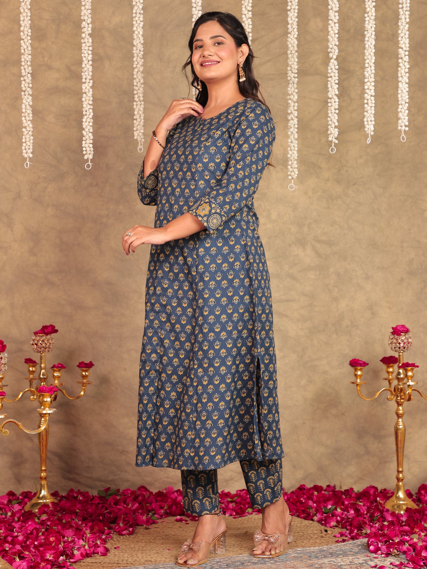 Soft Cotton Ajrakh A-line Blue Kurta