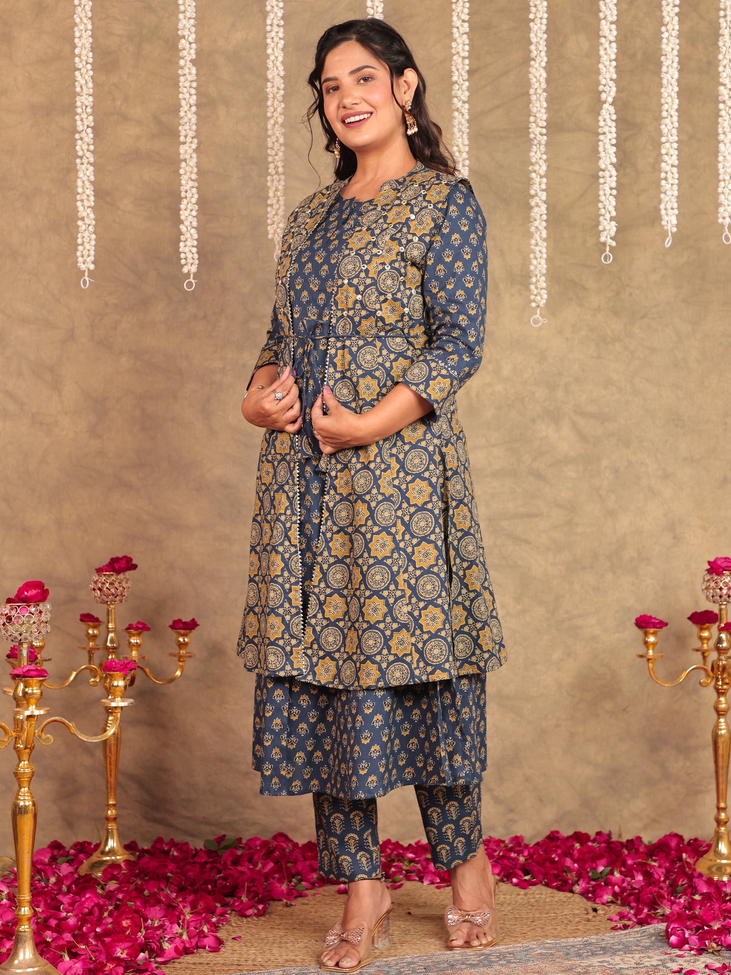 Soft Cotton Ajrakh A-line Blue Kurta