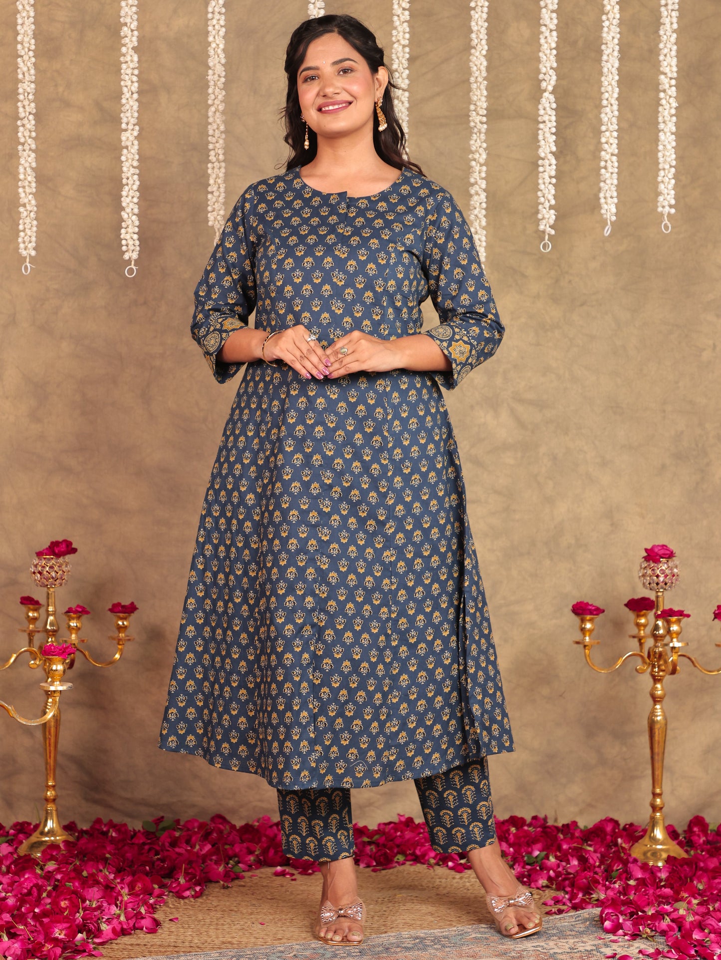 Soft Cotton Ajrakh A-line Blue Kurta