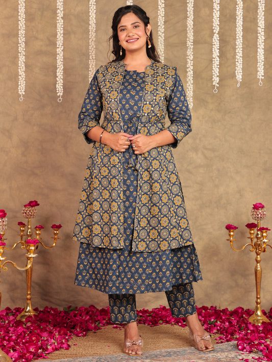 Soft Cotton Ajrakh A-line Blue Kurta