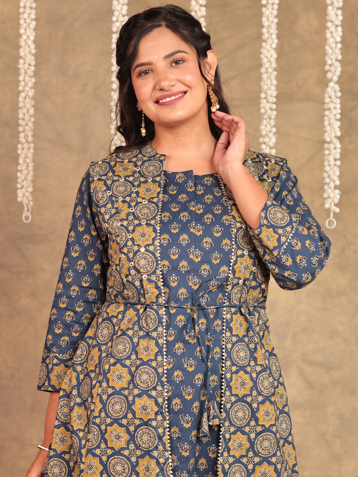 Soft Cotton Ajrakh A-line Blue Kurta