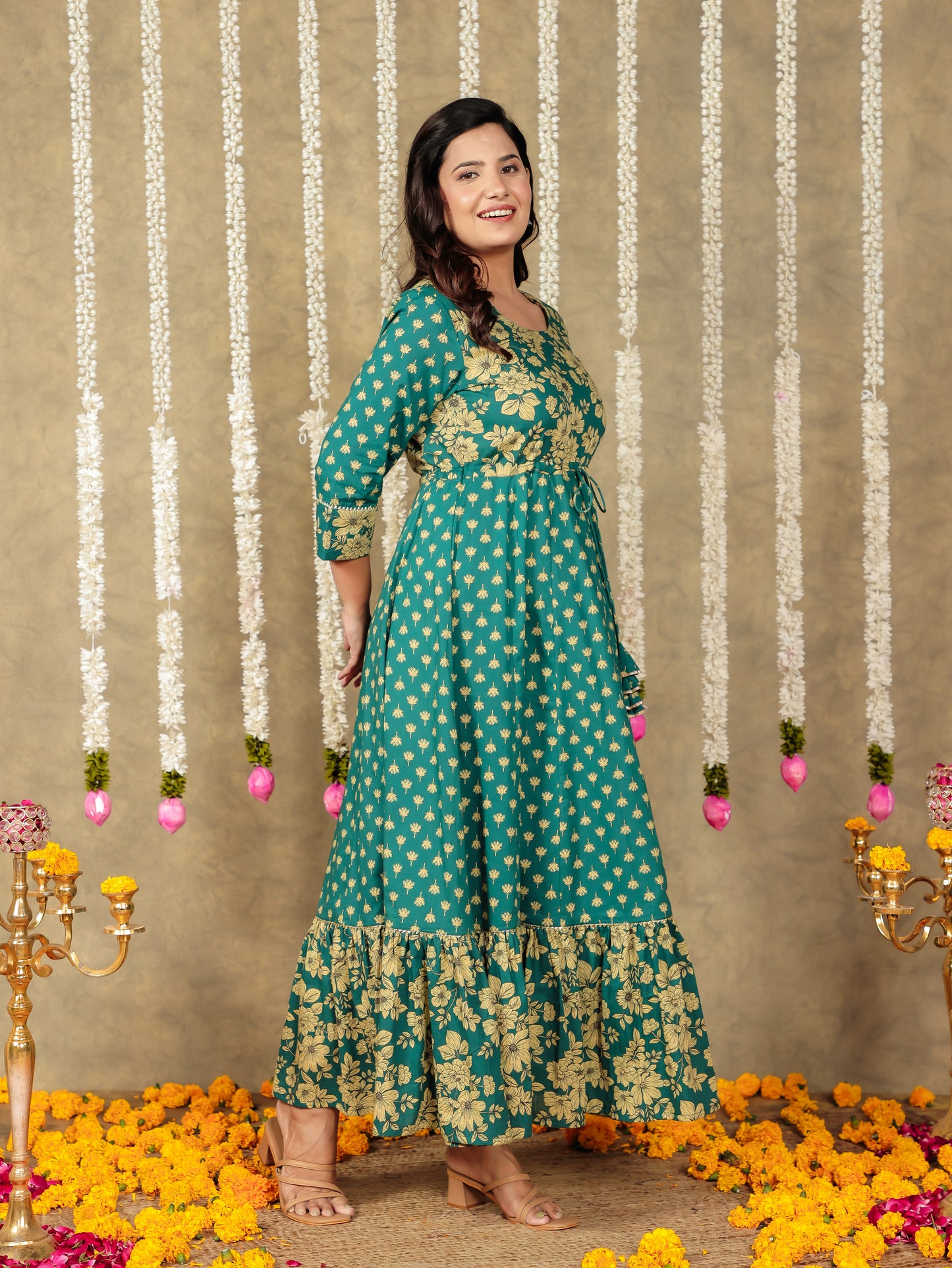 Embroidered Soft Cotton Floral Anarkali Green