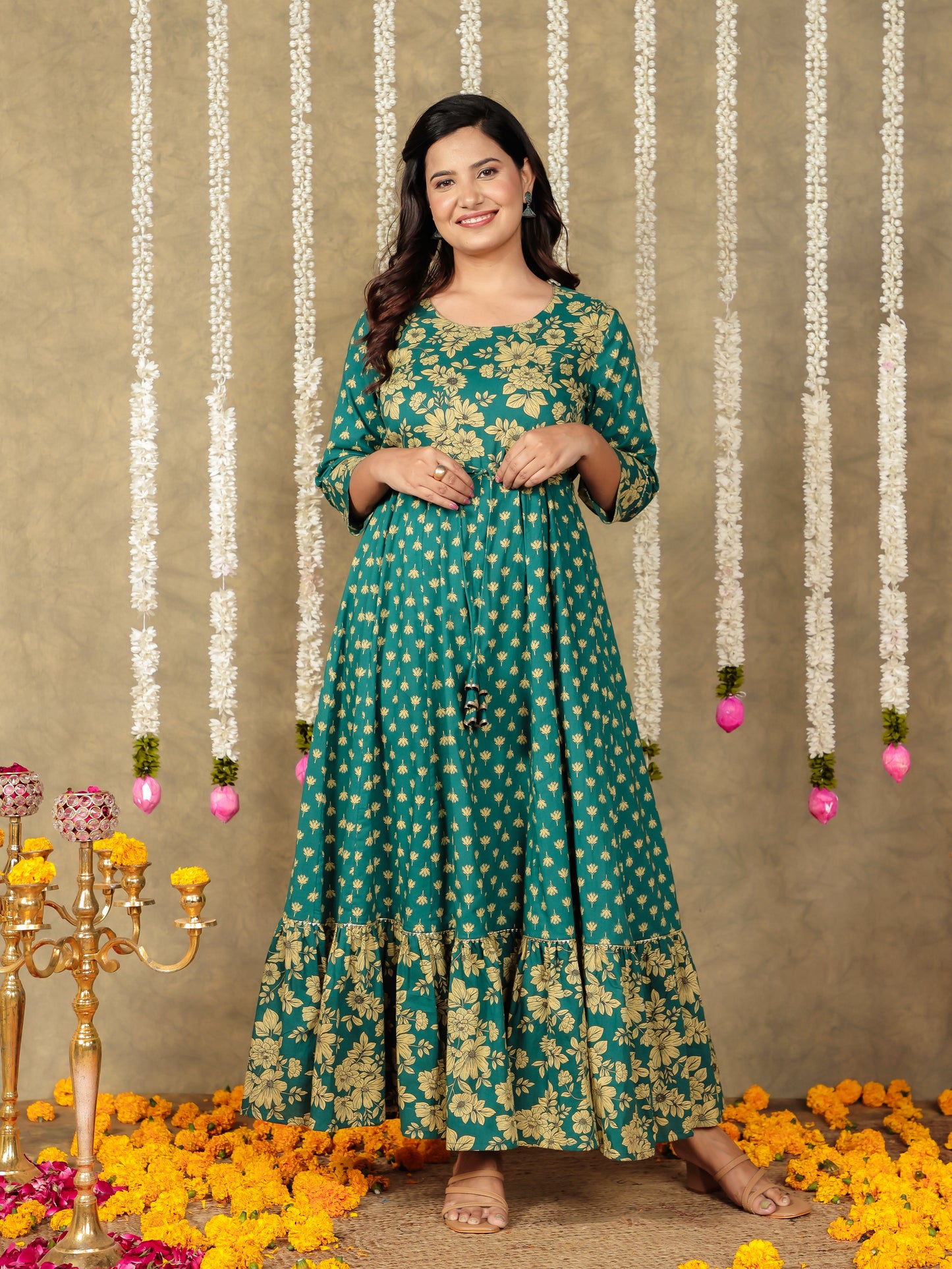 Embroidered Soft Cotton Floral Anarkali Green