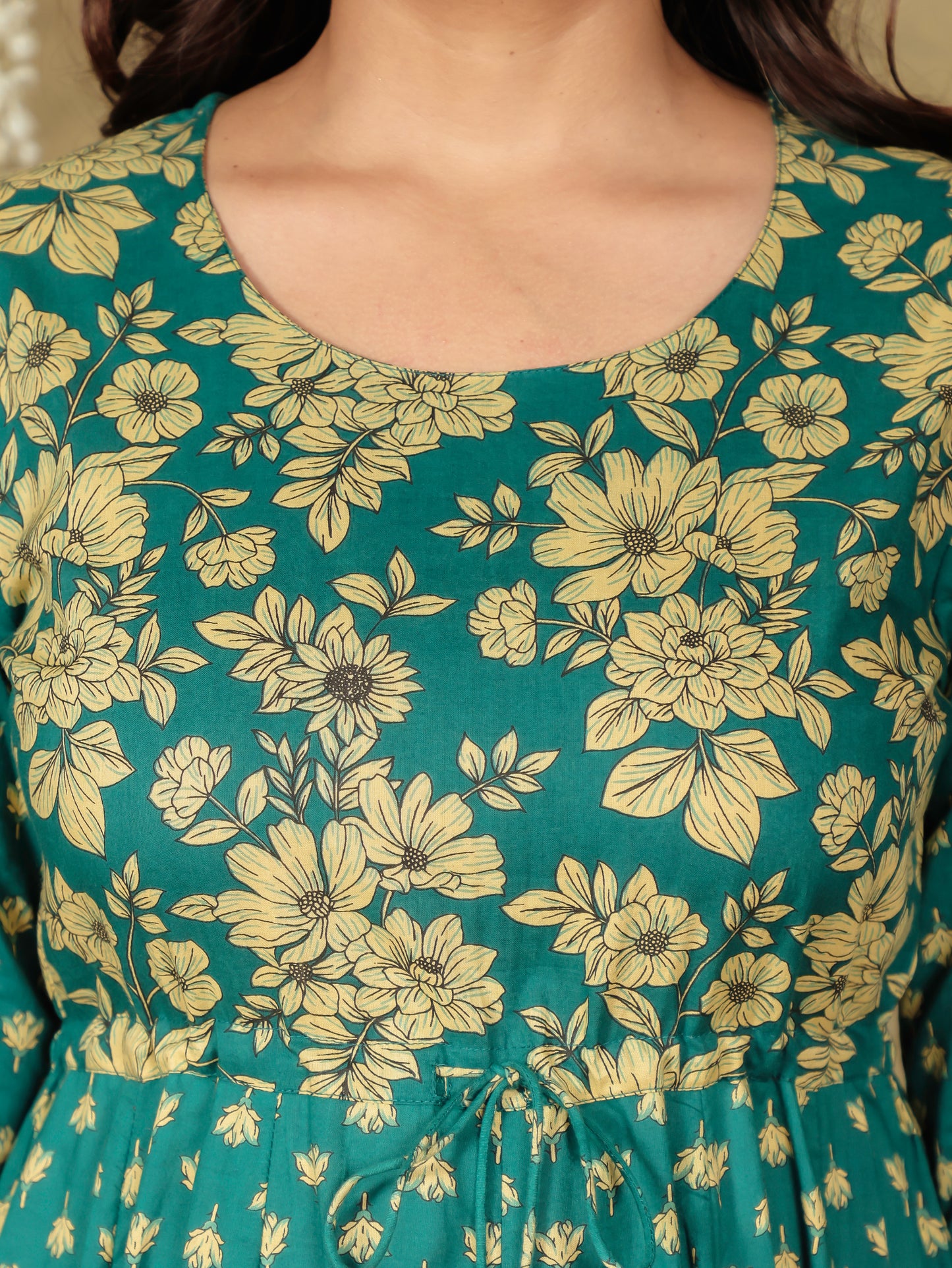 Embroidered Soft Cotton Floral Anarkali Green