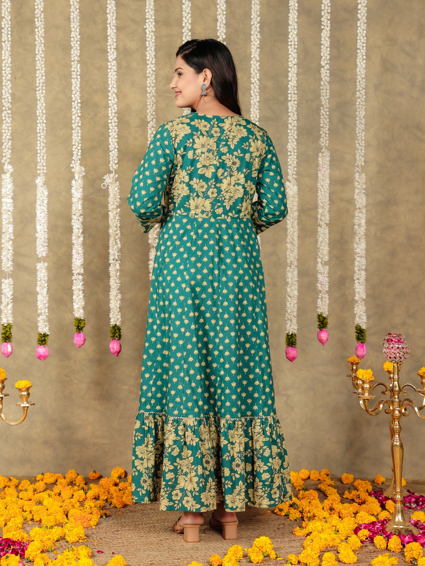 Embroidered Soft Cotton Floral Anarkali Green